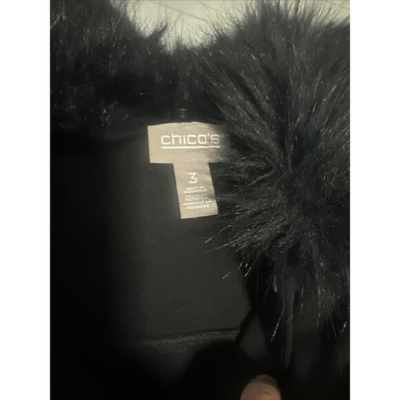 Chico's Black Button Stretch Denim Jacket Removable Faux Fur Collar SZ 3  NWOT - Picture 4 of 9